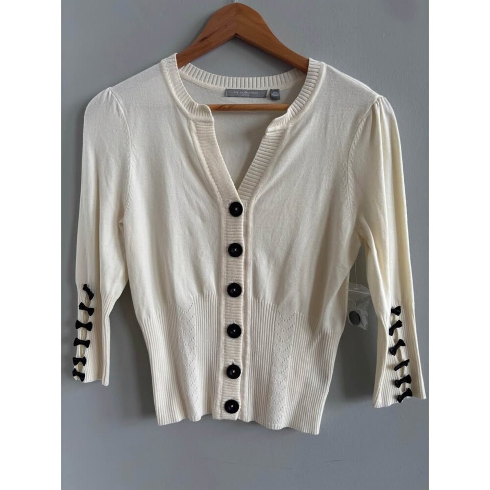 NWOT NY Collection Petite Small Cream Cardigan Black Bow Sleeve Ribbed Waist PS